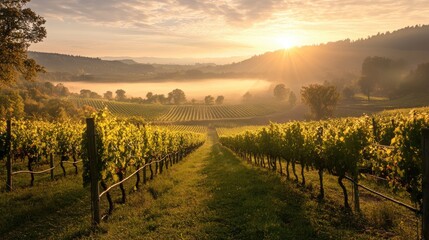 Fototapeta premium A peaceful view of a vineyard at dawn, with rows of grapevines stretching into the distance, bathed in soft morning light and mist rising from the fields.
