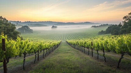 Naklejka premium A peaceful view of a vineyard at dawn, with rows of grapevines stretching into the distance, bathed in soft morning light and mist rising from the fields.