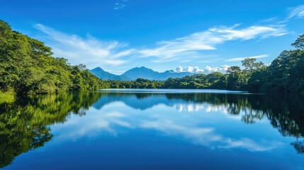 A serene view of a calm lake surrounded by dense forest, with the clear blue sky and distant mountains perfectly mirrored in the still water.