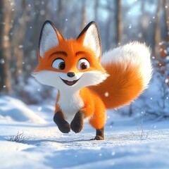 A cheerful cartoon fox joyfully running through a snowy landscape, capturing the essence of winter and playful adventure.