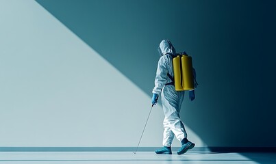 Obraz premium A Person in a Hazmat Suit Walks Through a Room