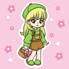 Cute little girl in green dress and beret. Vector illustration.