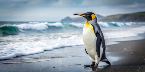 Naklejka premium The distinctive yellow head band of the flightless bird stands out against the pristine white of the snowy