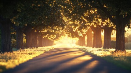 Fototapeta premium A tranquil view of a tree-lined avenue during the golden hour, with the setting sun casting long shadows and a warm glow over the road.