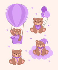 A set of bears in purple clothes with balls. Flat vector illustration.