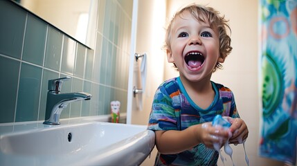 Very cheerful and smiling toddler playing with soap near a sink in a bathroom