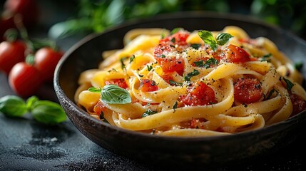 Fototapeta premium Close-up of Delicious Fettuccine Pasta with Cherry Tomatoes and Basil