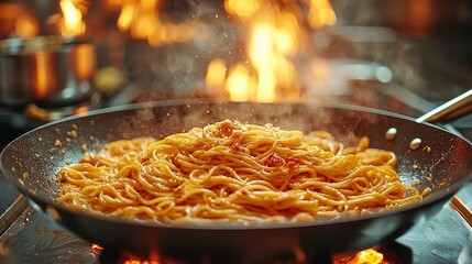 Close-up of Spaghetti Cooking in a Pan with Flames in the Background