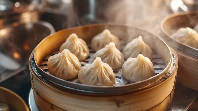 Steamed Dumplings Freshly Cooked in Bamboo Baskets at Traditional Dim Sum Restaurant