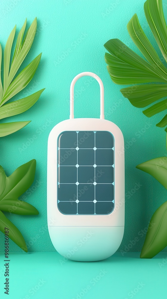 Canvas Prints Eco-Friendly Solar Panel Device with Tropical Leaves.