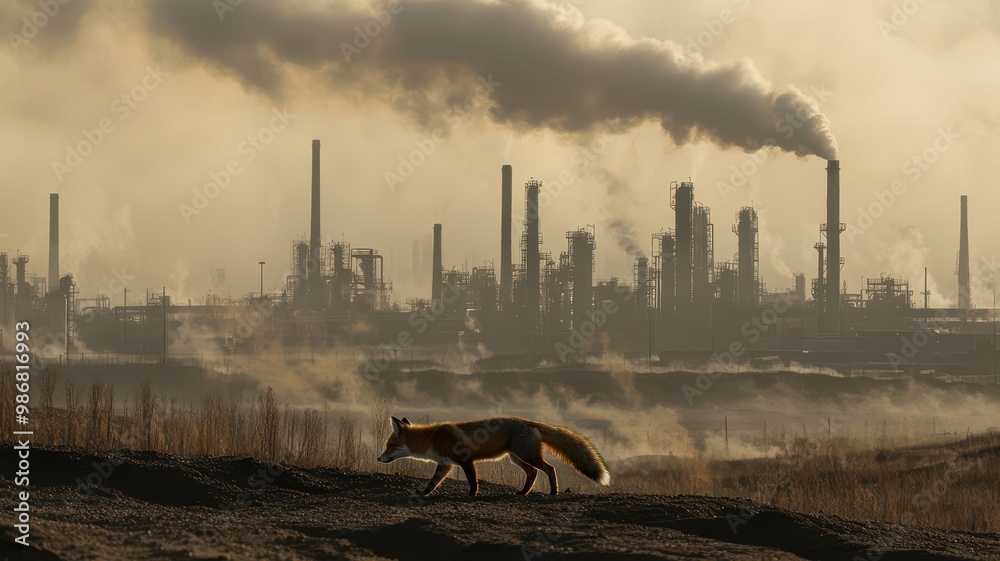 Wall mural industrial oil refinery with emissions and wildlife in foreground at sunset