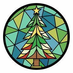 Stained Glass Christmas tree round sign Black Vector silhouette