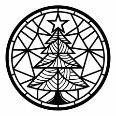 Stained Glass Christmas tree round sign Black Vector silhouette