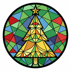 Stained Glass Christmas tree round sign Black Vector silhouette