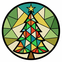 Stained Glass Christmas tree round sign Black Vector silhouette