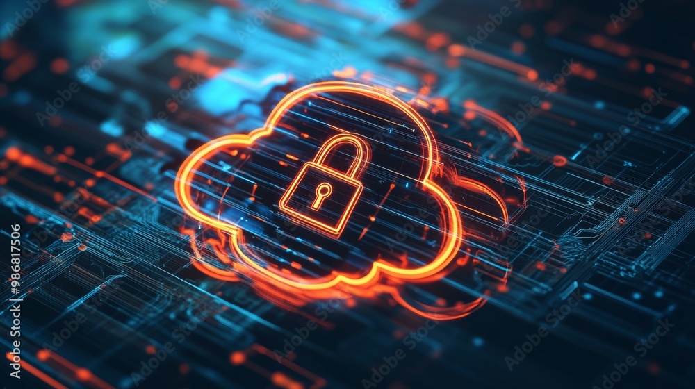 Poster Abstract Illustration of Cloud Security Services. Cloud Icon with Padlock Symbol Representing Data Protection in Cloud Computing