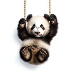 Naklejka premium A panda hanging from a Black Friday banner, looking playful and charming, isolated on white background