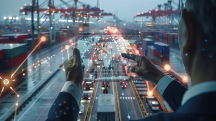 Businessman and global logistics network distribution and transportation, Smart logistics, Innovation future of transportation on large warehouse center .