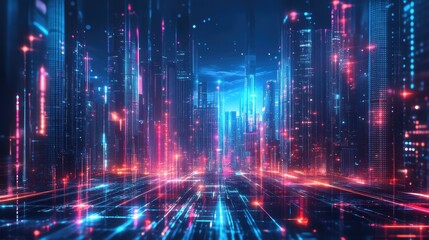 Fototapeta premium cityscape with space and neon light effect. Modern hi-tech, science, futuristic technology concept. Abstract digital high tech city design for banner background