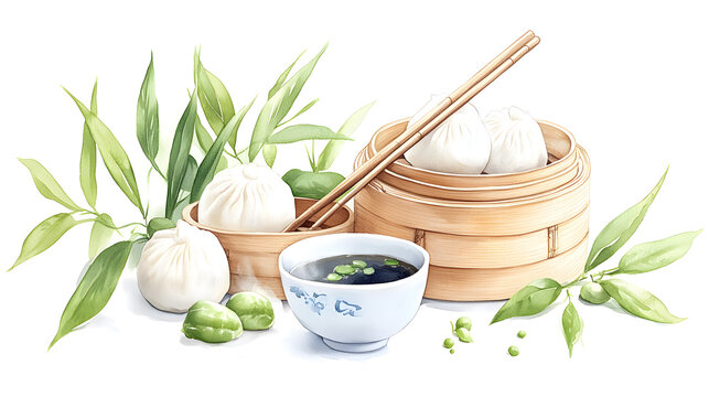 watercolor dumplings with bamboo and dipping sauce clip art preview