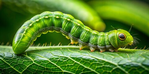 Obraz premium The Green inchworm crawls along the leaf's edge, its elongated body curved into a vibrant green arch, making
