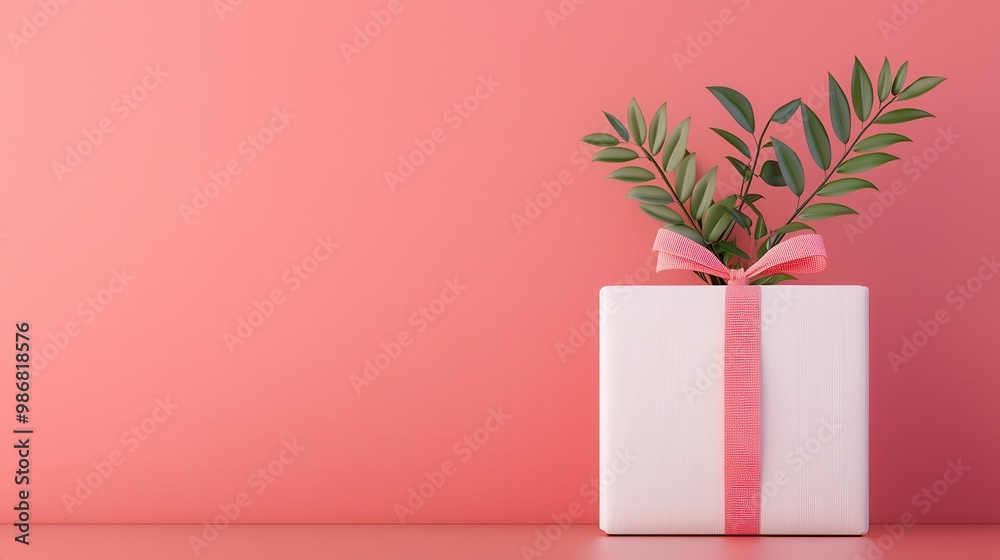 Wall mural White gift box with pink ribbon and green plant on pink background.