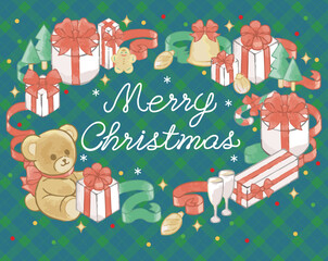 Fototapeta premium クリスマス 手描き 水彩 フレーム 文字 背景 かわいい コピースペース イラスト素材
