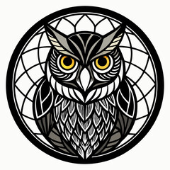 Black Stained Glass Christmas Owl round sign Black Vector silhouette