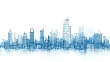A minimalistic blue skyline illustration showcasing various building shapes and heights against a white background.