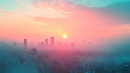 Fototapeta premium City skyline with the sun setting behind a layer of fog, creating a dreamy, pink and blue colored sky.