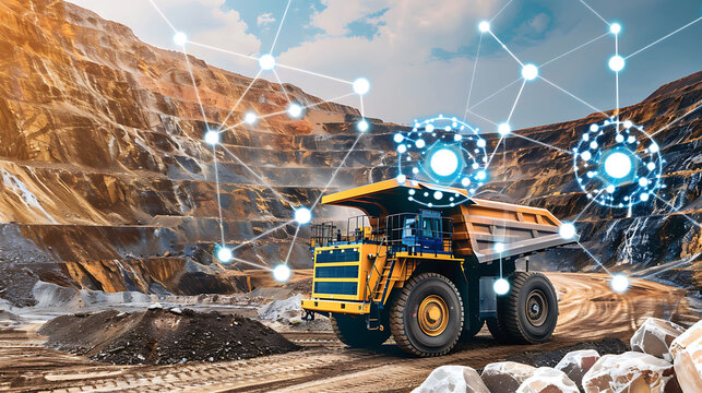 Smart mining equipment AI in mining and resource extraction visualized in a collage that highlights AIs role in enhancing machinery performance and predicting maintenance needs