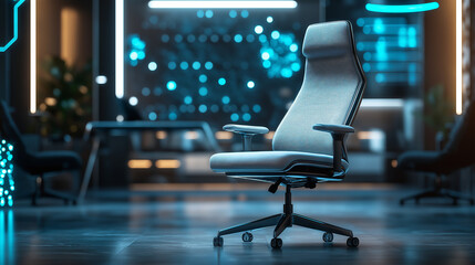a sleek ergonomic chair with augmented reality, showing lumbar support, height adjustability, and fabric options in a digital workspace