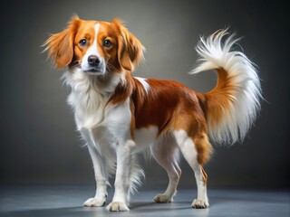 The kooikerhondje dog's fluffy orange and white fur gleamed in the sunlight as it wagged its tail with