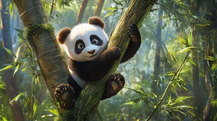 Obraz premium A baby panda climbing a tree in a lush bamboo forest, playfully grasping the branches with its soft, furry paws.
