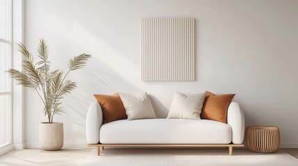 Minimalist Living Room with White Sofa and Palm Plant.