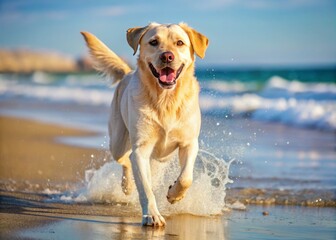 The labrador bound across the sandy beach, its fluffy coat shining like gold in the sun, tail wagging