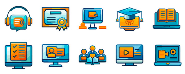 Vector icon set for online education and courses, 10 icons on a transparent background