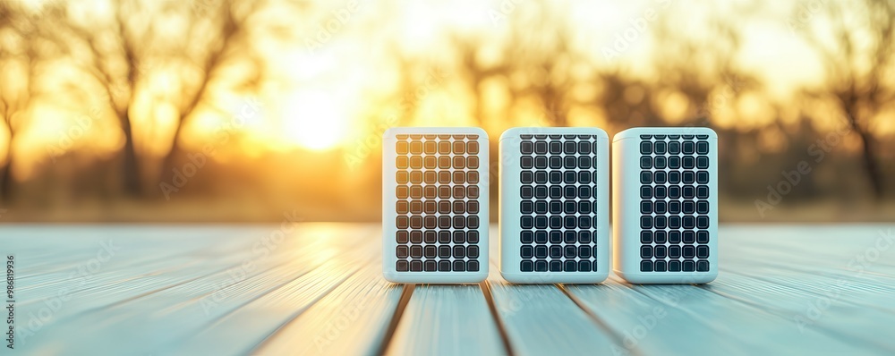 Sticker Three White Solar Panels at Sunset.