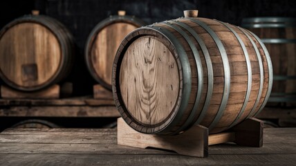 A photo of a rustic setting with a wooden barrel prominently displayed in the foreground. The barrel has a worn-out appearance with visible grain patterns and is resting on a wooden table.