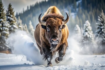 The majestic American bison, its shaggy coat glistening with snow, charges forward with mighty force across the frozen
