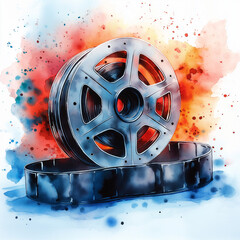 Watercolor Illustration Artwork Creative Film Reel. A colorful background with paint splatters and a film reel in the center. Artistic illustration of vintage film reels