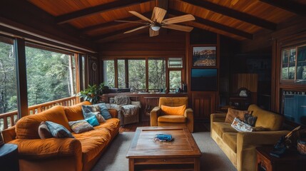 Naklejka premium A ceiling fan spinning above a rustic living room, its wooden blades complementing the warm, earthy tones of the furniture and dÃ©cor.