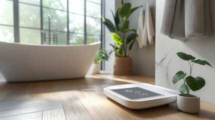  a smart bathroom scale with augmented reality, showcasing body composition analysis, weight tracking, and app synchronization in a contemporary bathroom