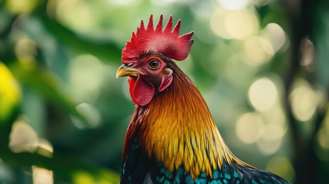 A close-up of a fierce fighting cock with vibrant plumage and a sharp gaze, standing tall in a traditional rural setting with blurred greenery in the background.