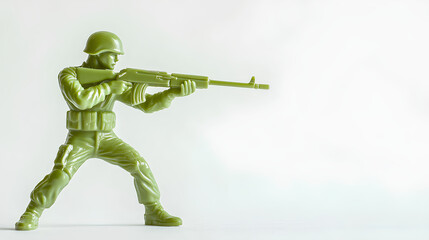 Full body of green toy soldier aiming with a rifle on white background 