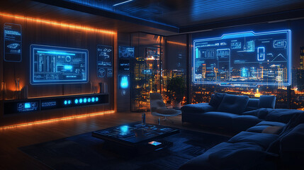 a smart home automation system displayed in augmented reality, with device compatibility, voice control, and scheduling features in a futuristic home