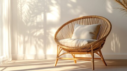 Stylish rattan chair with soft cushions.