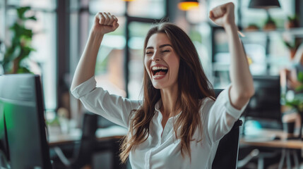 Happy excited business woman in office working. Excited Woman Celebrating Success in the Workplace, capturing the essence of success and happiness at work.