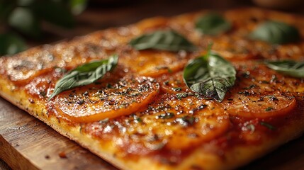 Closeup of Delicious Tomato and Basil Pizza