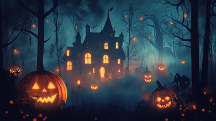 Eerie haunted house with glowing jack-o'-lanterns in a dark, spooky forest under a full moon.